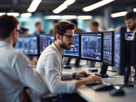 Developer working on application code across several monitors